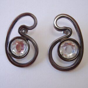 Clear Rhinestone Earrings Gray Gun Metal Contemporary Drop Comma Pierced Post